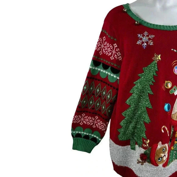 33 Degrees 3XL Merry Bright Ugly Christmas Sweater Cat Boots Embellished Holiday - Picture 4 of 13